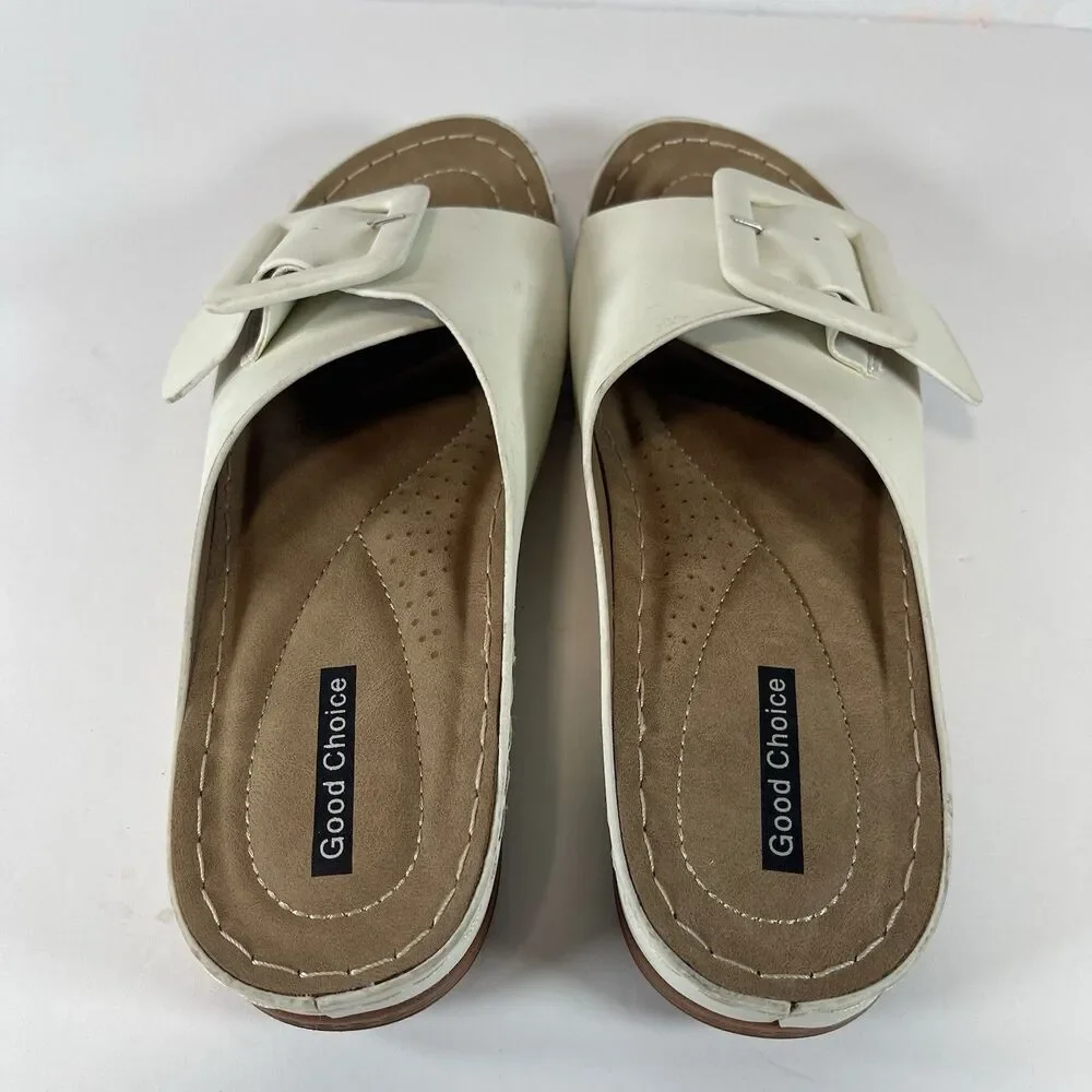 Good Choice Women’s White Buckle Slide Sandals – Size 8